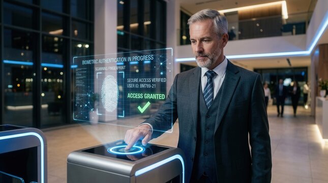 Secure Biometric Access Granted To Mature Businessman In Modern Office