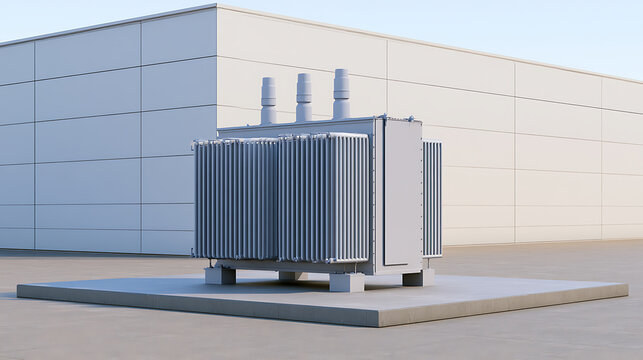 Industrial electric power step up transformer unit stationed outside concrete facility building structure in modern manufacturing industrial plant