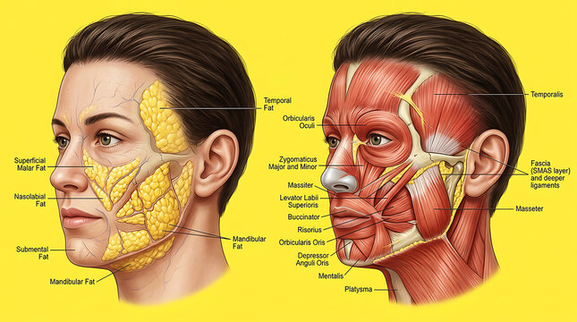 Anatomical of human face: fat pads and musculature anatomy