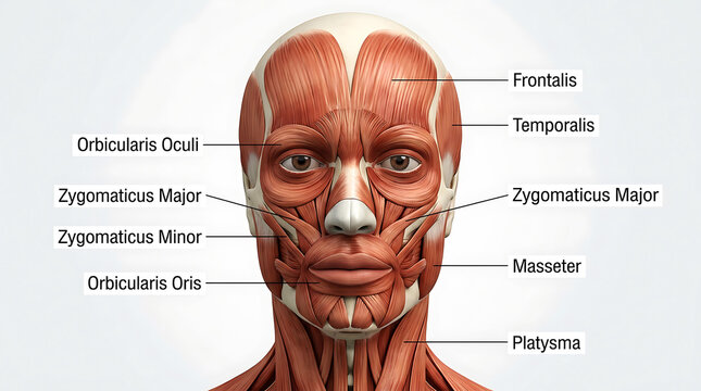 Anatomical of human facial musculature with labels anatomy