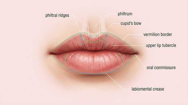 Anatomical of human lips with labeled parts, including philtrum and cupid's bow