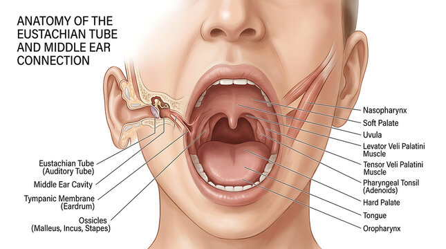 Anatomical of human throat, mouth, and ear connection