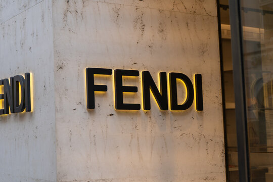 Fendi Luxury Brand Logo Sign on Modern Marble Exterior Facade of Storefront Boutique. Vienna, Austria - June 21, 2026