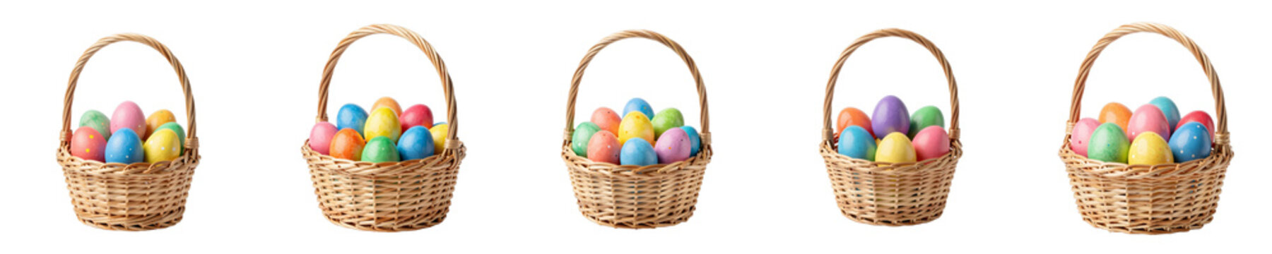 Assortment of easter eggs fill woven baskets arranged in a row isolated on black background
