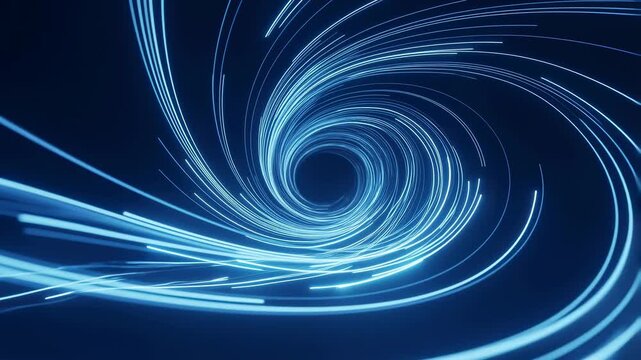 Blue light trails swirl into a luminous spiral vortex across a dark digital field. Technology presentations, digital title sequences, and science media.