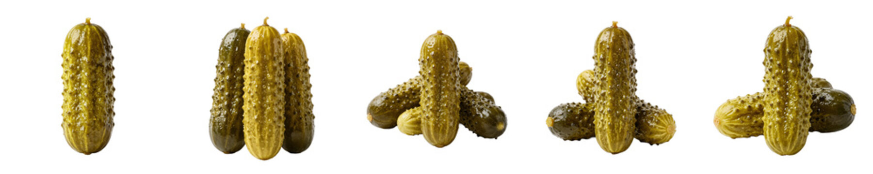 Variety of pickled gherkins are arranged in horizontal line on black backdrop