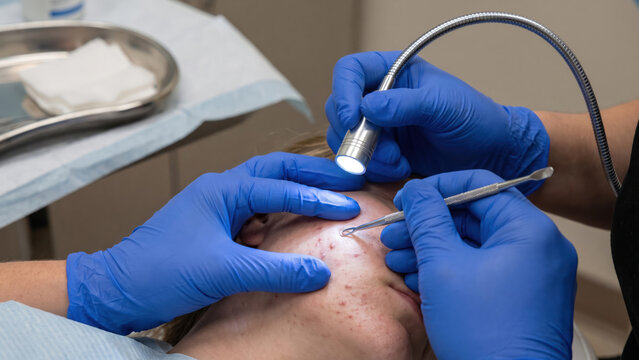 Clinician Examining Skin Lesion Characteristics Under Clinical Light for Acne Diagnosis