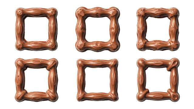 Six square frames made of smooth milk chocolate arranged in two rows isolated on a transparent background