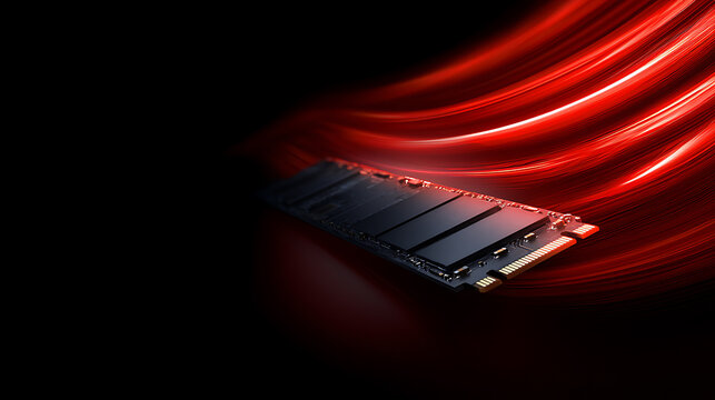 High speed solid state drive on dark background with dynamic red light trails representing fast data transfer performance and modern tech