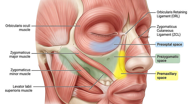Medical of facial muscles, ligaments, and anatomical spaces