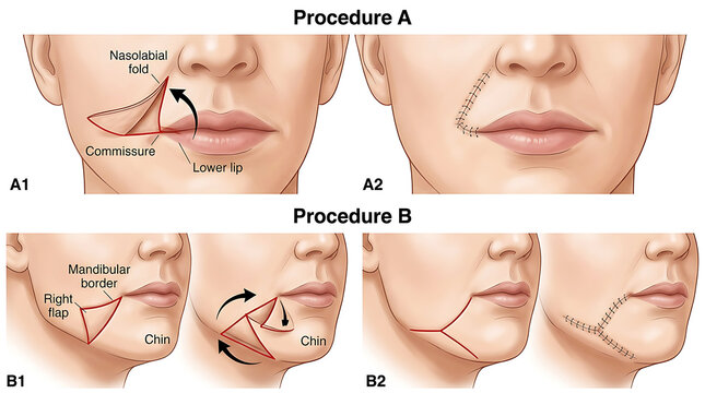 Medical of surgical procedures for facial reconstruction and lip augmentation