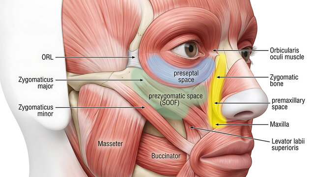 Medical of human facial anatomy, showing muscles and spaces