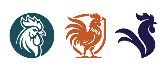 Set of three stylized rooster and chicken logo icons with farmhouse collection cockerel domestic agriculture branding illustration isolated silhouette © Nur-uz-zaman