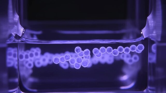 Glowing round particles drift through clear liquid inside a transparent rectangular vessel, gradually forming a horizontal stream under vivid violet lighting against a dark background