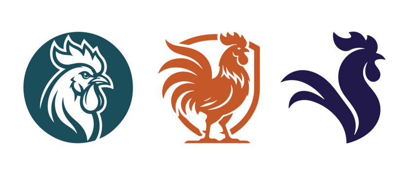 Set of three stylized rooster and chicken logo icons with farmhouse collection cockerel domestic agriculture branding illustration isolated silhouette