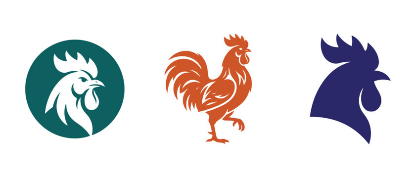 Set of three stylized rooster and chicken logo icons with farmhouse collection cockerel domestic agriculture branding illustration isolated minimalist