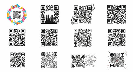 Fototapeta premium A collection of various stylized black and white QR codes are arranged on a white.