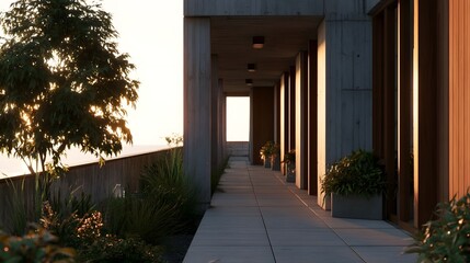 Obraz premium A modern architectural walkway with concrete columns potted plants and warm sunlight filtering through trees at sunset