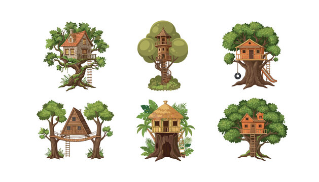 Wooden treehouse vector icon set featuring fantasy garden tree houses for kids play isolated on white background