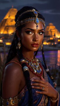 Vertical Portrait of a beautiful Babylonian princess, with authentic braided hairstyle, jewels, and headwear according to the area, at twilight, at the background the illuminated ziggurats