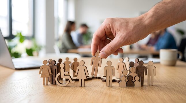 Hand placing wooden icon among people figures representing social inclusion concept