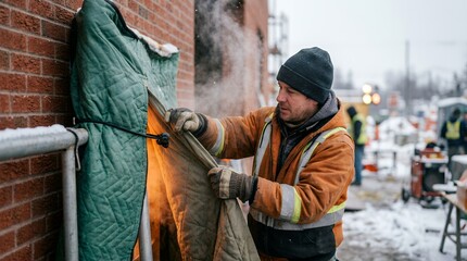 Fototapeta premium Construction worker using heating enclosure for brickwork on a cold winter job site.