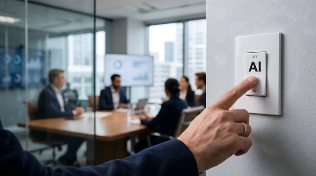 Hand pressing artificial intelligence switch for technology activation concept