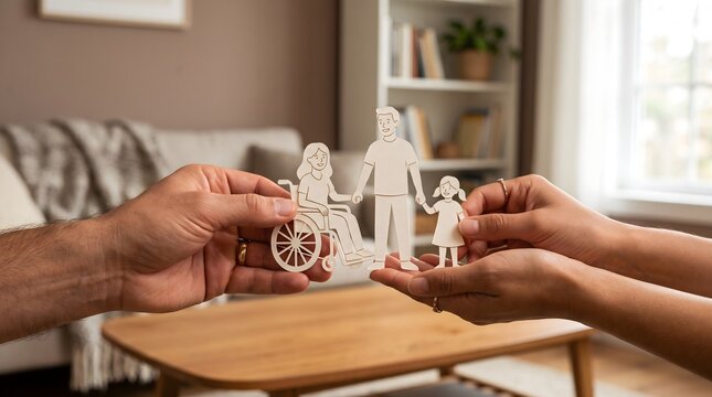 Hands holding paper family cutout with wheelchair for inclusive care concept