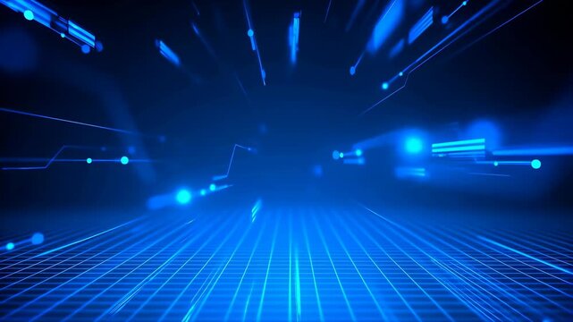 Blue digital grid with glowing circuitry and particles traveling through a futuristic virtual space. Technology presentations, software advertising, and cybersecurity campaigns.