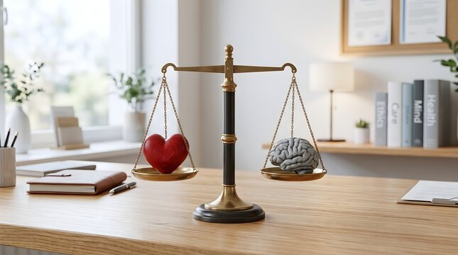 Heart and brain balanced on scale representing emotional and rational decision process