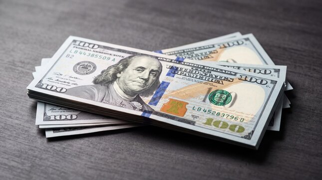 A high-resolution commercial DSLR photo featuring an abstract geometric interpretation of a USA one hundred dollar bill with creative textures. The composition uses sophisticated lighting to highlight