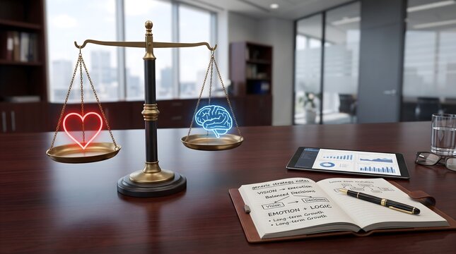 Heart and brain balance scale concept for strategic decision making in business