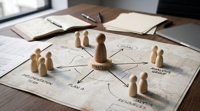 Leadership strategy concept with central wooden figure among team members on planning board