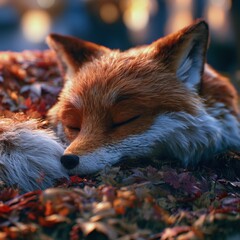 Fototapeta premium A small fox character curls up and sleeps in a pile of colorful leaves as light filters through trees in a forest scene during the day.