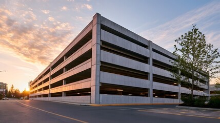 Obraz premium Multi level concrete parking structure with empty bays under warm sunset sky street level view with tree and road