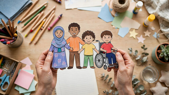 Inclusive classroom concept with diverse paper family figures and education materials