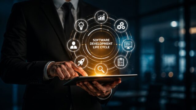 Innovative approach to the Software Development Life Cycle with digital technology icons.