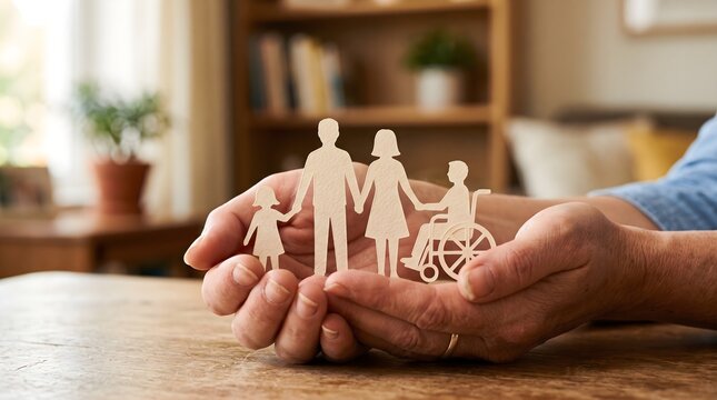 Hands holding paper cut family figures with inclusive household concept