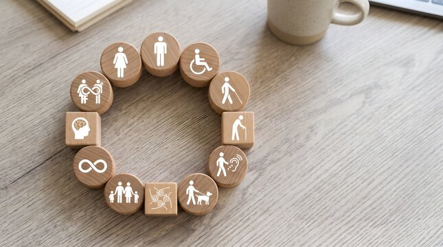 Wooden accessibility symbols arranged in circle representing diversity and inclusion