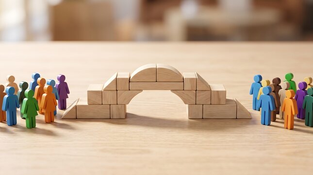 Wooden bridge connecting colorful human figures representing inclusion cooperation and building connections