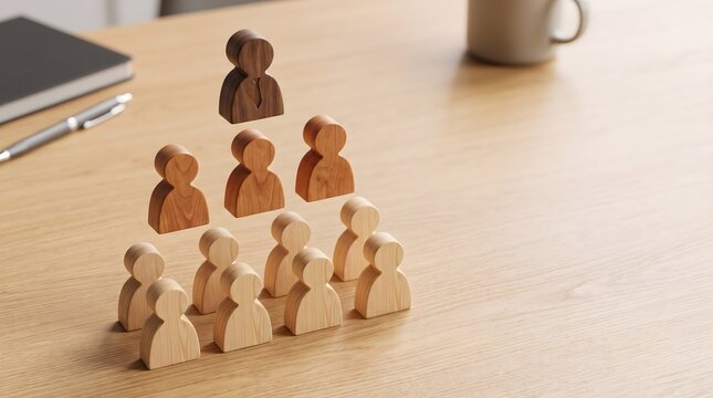 Wooden business figures gathered around table with leader representing teamwork and professional collaboration