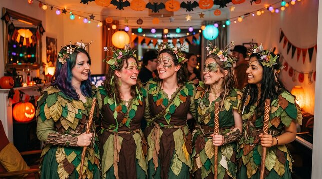 Diverse women in nature costumes laughing at Halloween party