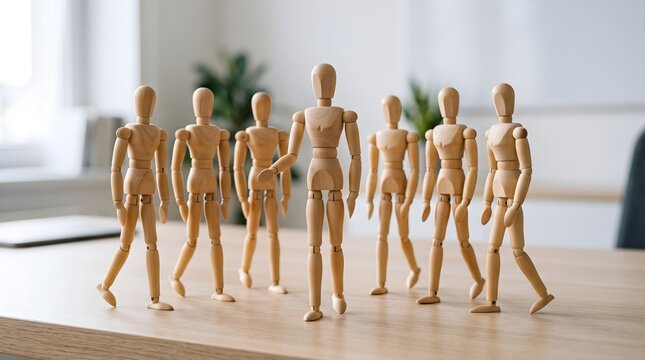 Wooden human figures representing different abilities and inclusion concepts on desk