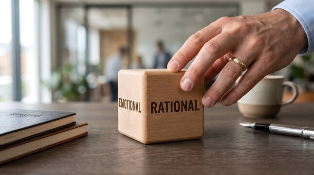 Hand turning wooden cube from emotional to rational decision making concept