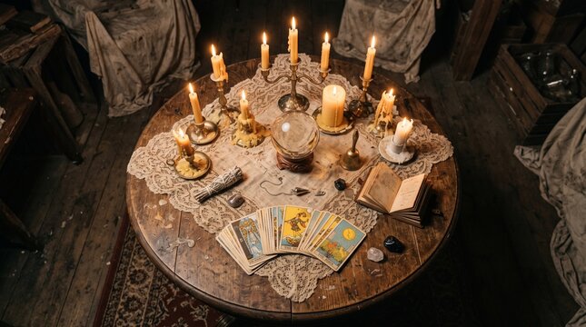 Tarot cards and crystal ball with lit candles on rustic table for fortune telling ritual.