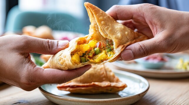 Hands holding open stuffed samosa on plate, crispy fried snack with vegetable filling, street food and Indian cuisine concept