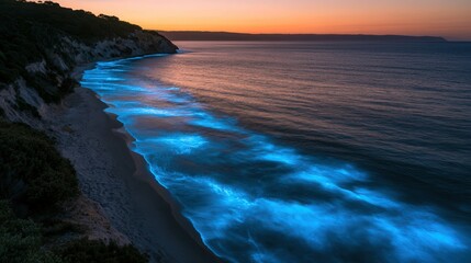 Fototapeta premium Bioluminescent ocean waves glow blue along a sandy beach at sunset