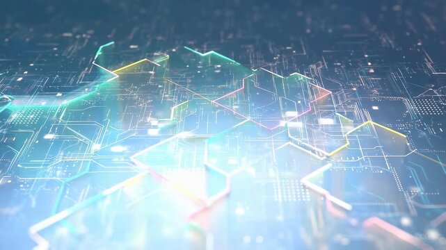 Glowing digital circuitry and neon pathways shift across a dark abstract technology field. Technology presentations, software promotions, and data networking media.
