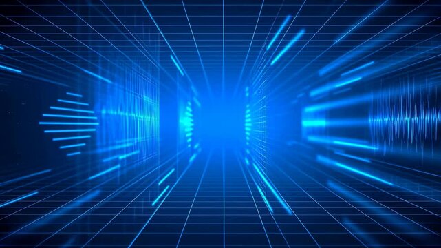 Blue digital tunnel with glowing grid lines and forward-moving data waves in futuristic cyberspace. Technology presentations, cybersecurity media, and software promotion.