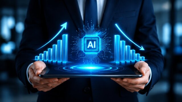 Business professional holding a tablet with AI graphics for quality and cost analysis.